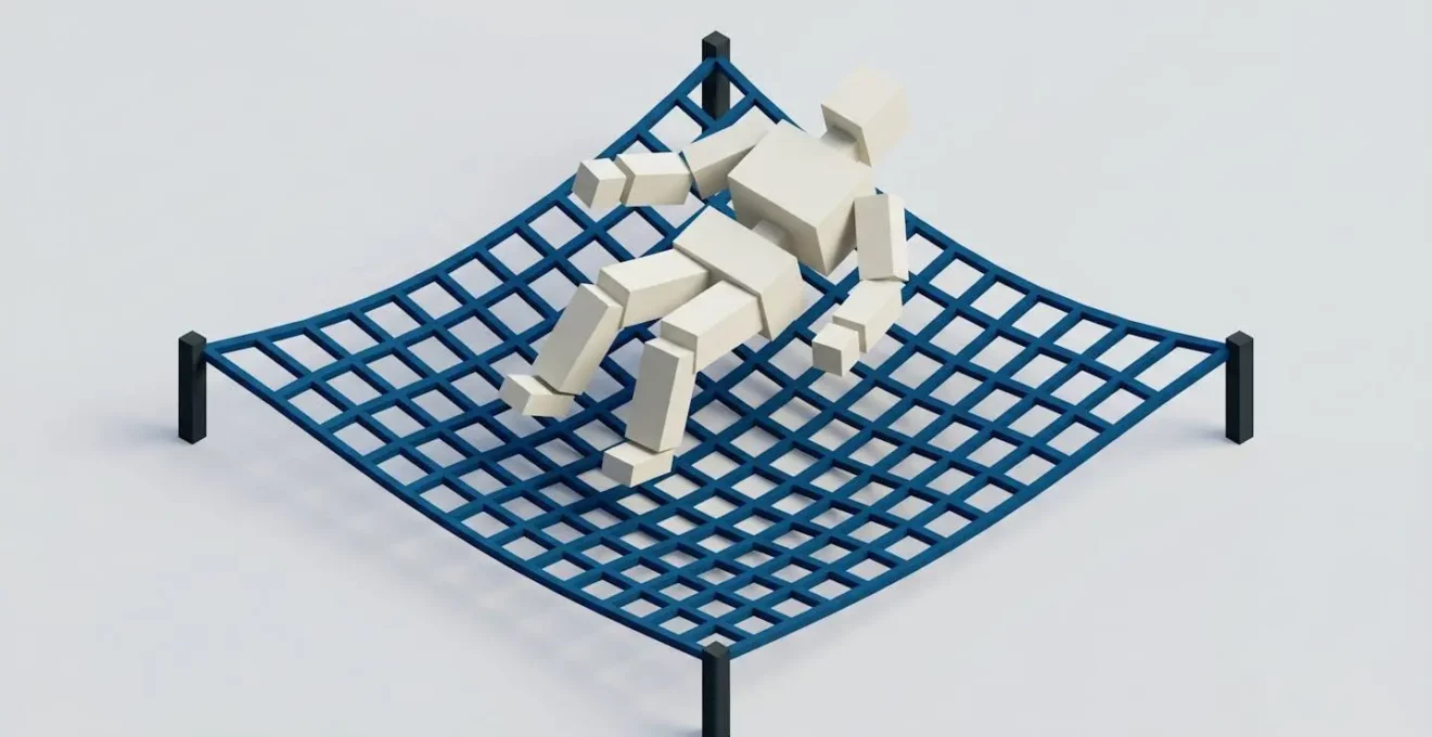 Illustration isométrique d'un filet de sécurité bleu structuré tendu sous une silhouette géométrique abstraite