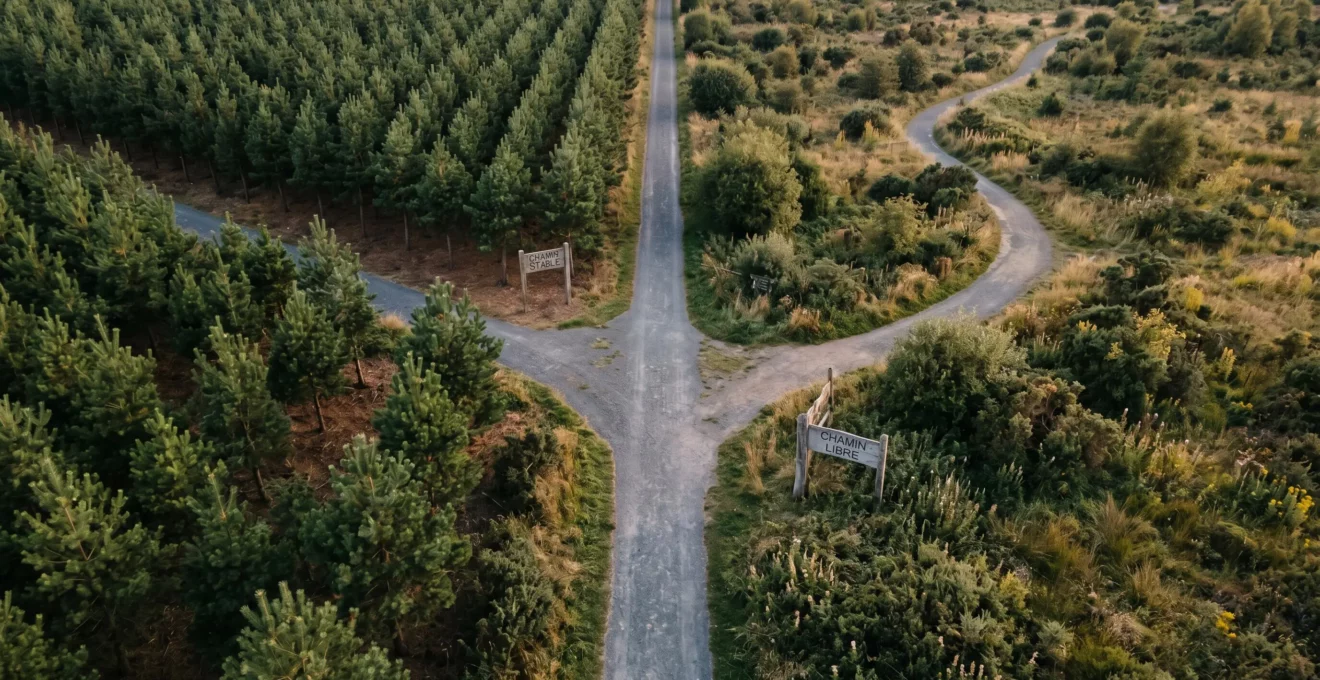 Vue aérienne d'une intersection forestière en Y, deux sentiers se séparant : l'un traverse une forêt dense et ordonnée, l'autre serpente librement dans un paysage ouvert